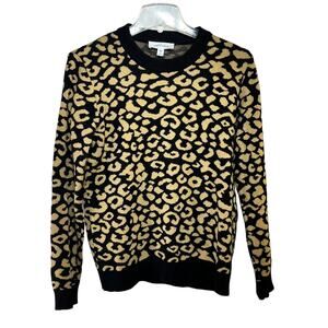 Leopard Print Sweater Women's Medium Pullover Crew Neck Soft Black Tan POPSUGAR